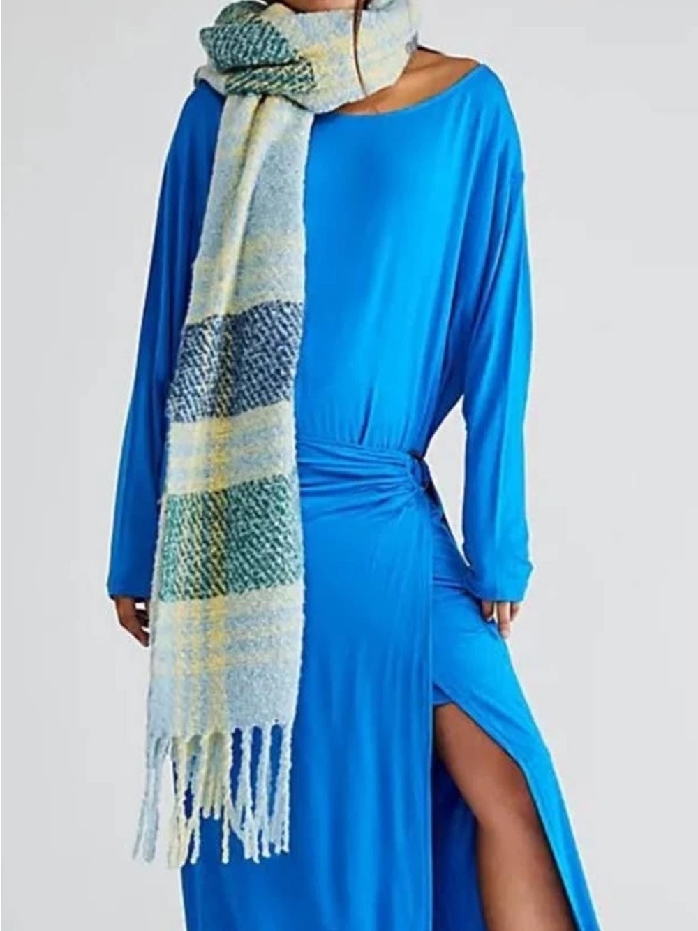 Free People Maxi Dress in Bright Blue with Blue-Green Plaid Scarf